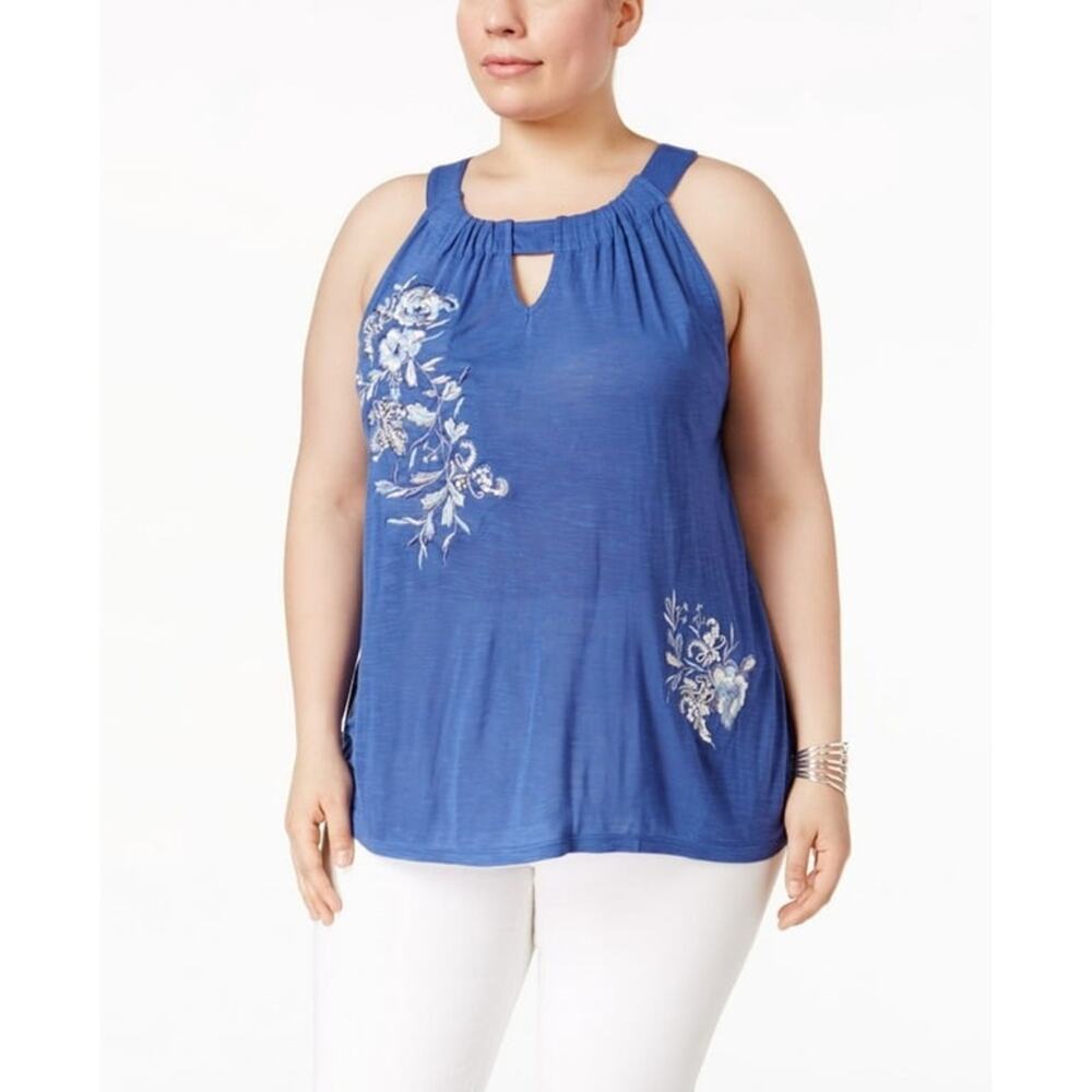 International Concepts blue floral sequin embroidered shirt tank top size M
 b30